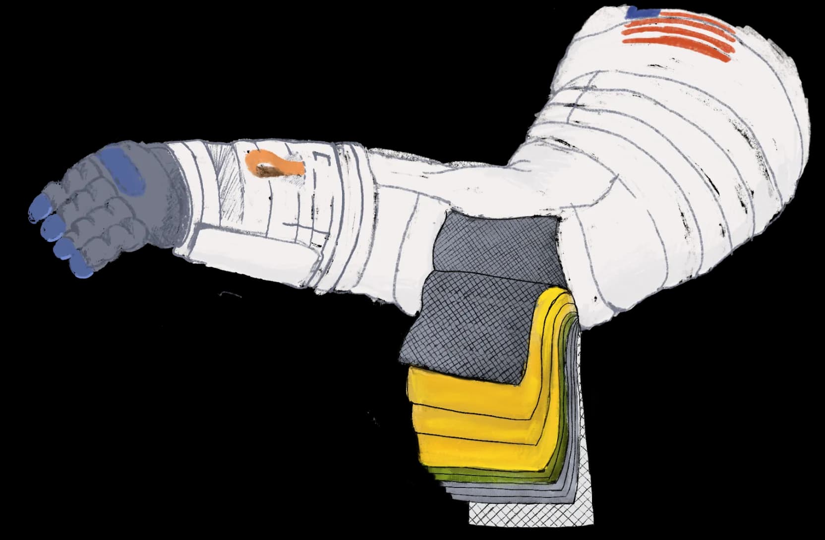 Illustration of the arm of a spacesuit with panel in the forearm opened showing the layers of textiles in its construction.