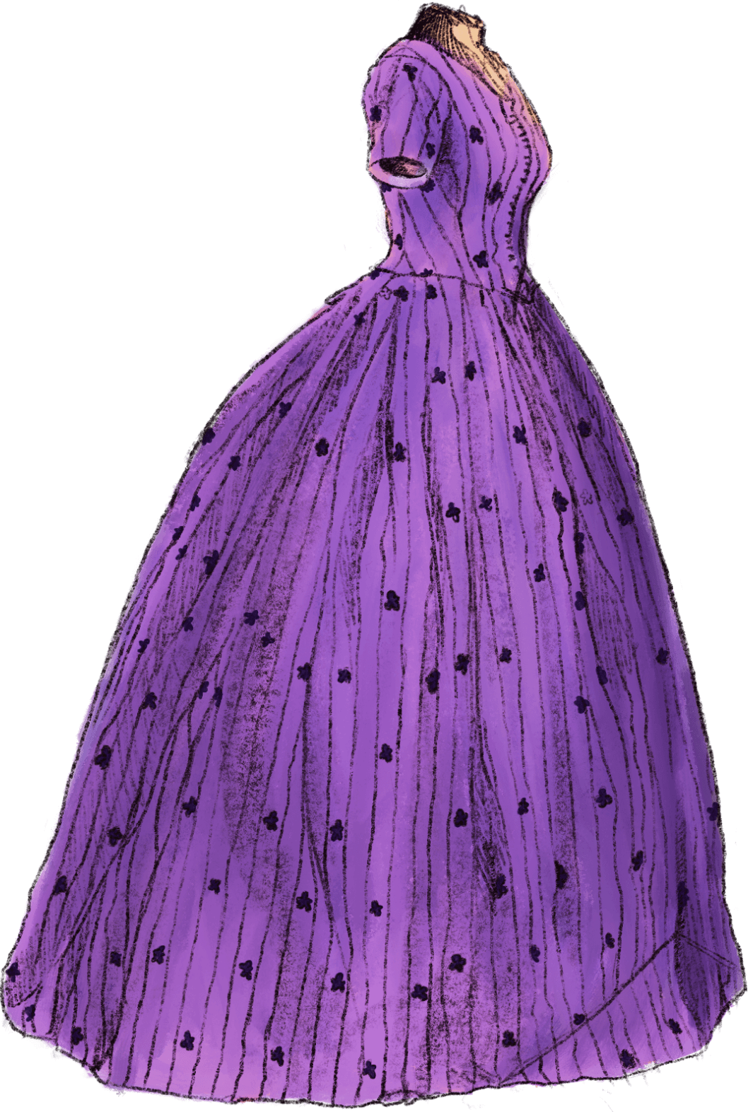 Line drawing of a floor-length, short sleeve gown.