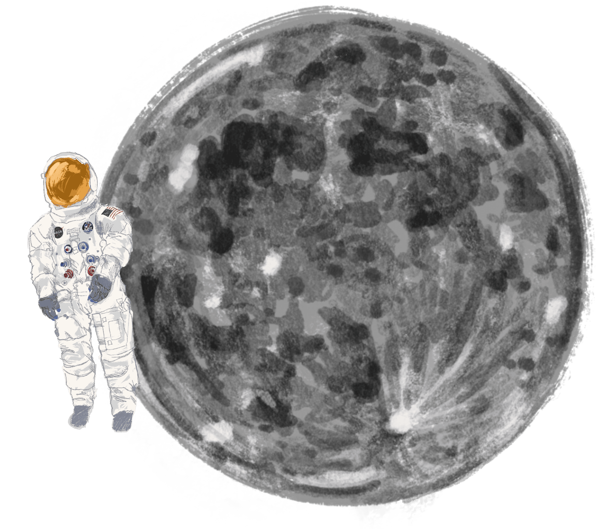 Large drawing of the moon, with an astronaut in a spacesuit floating in the lower left corner.