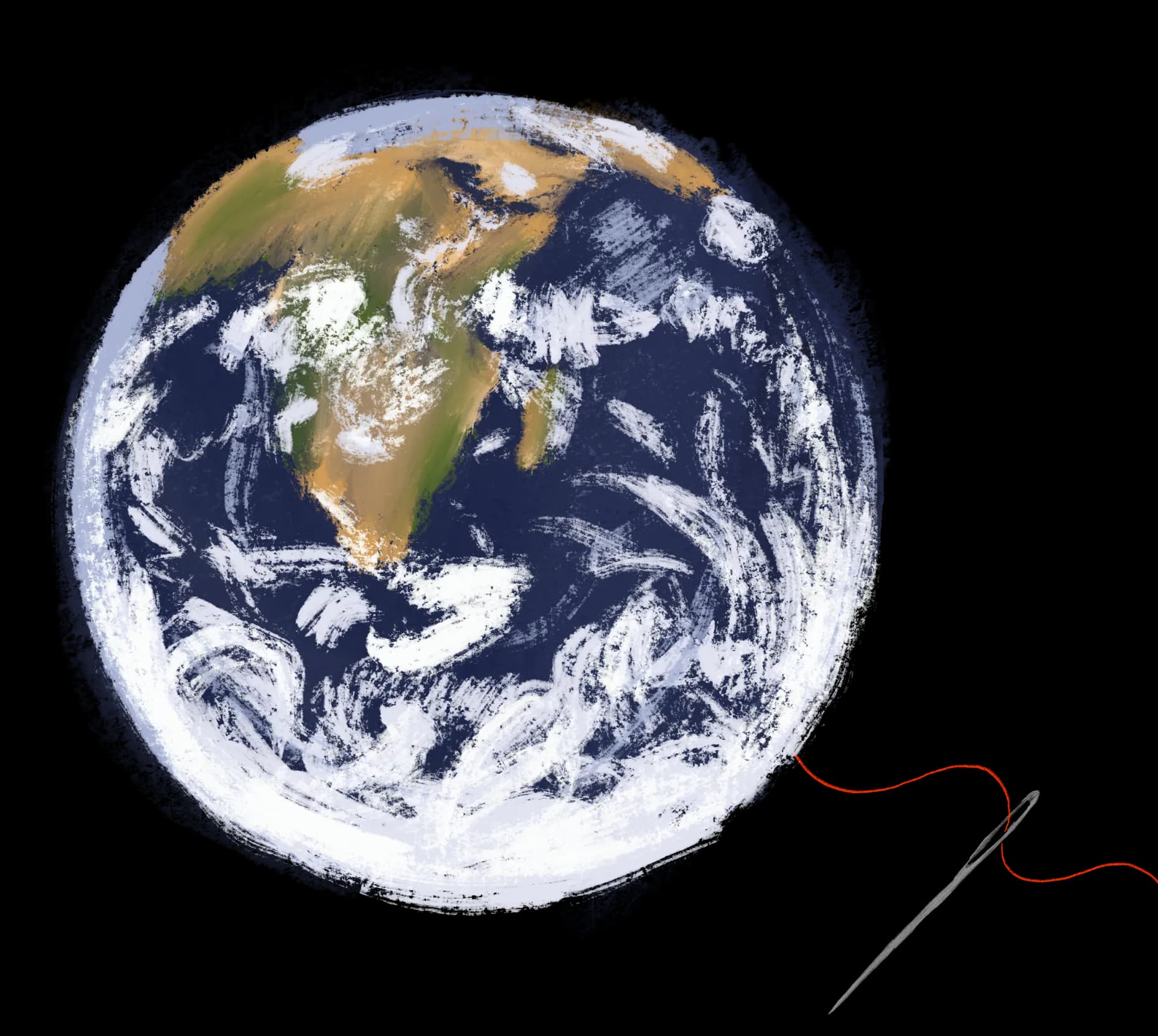 Illustration of the Earth with a needle and thread coming out of it.