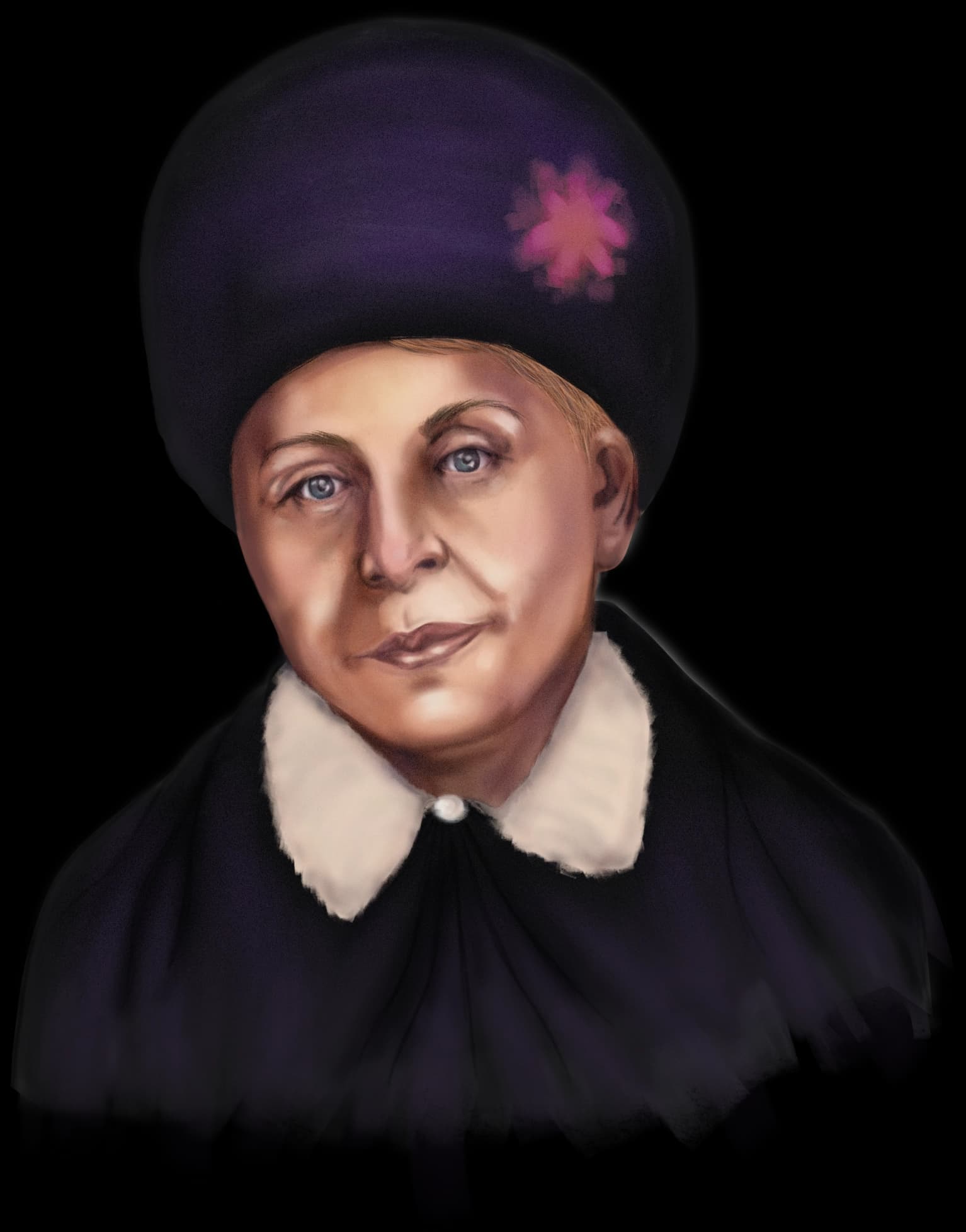 Color illustration of Margaret Knight, an older woman in a black dress with a white collar wearing a turban style hat with a decorative pink flower.