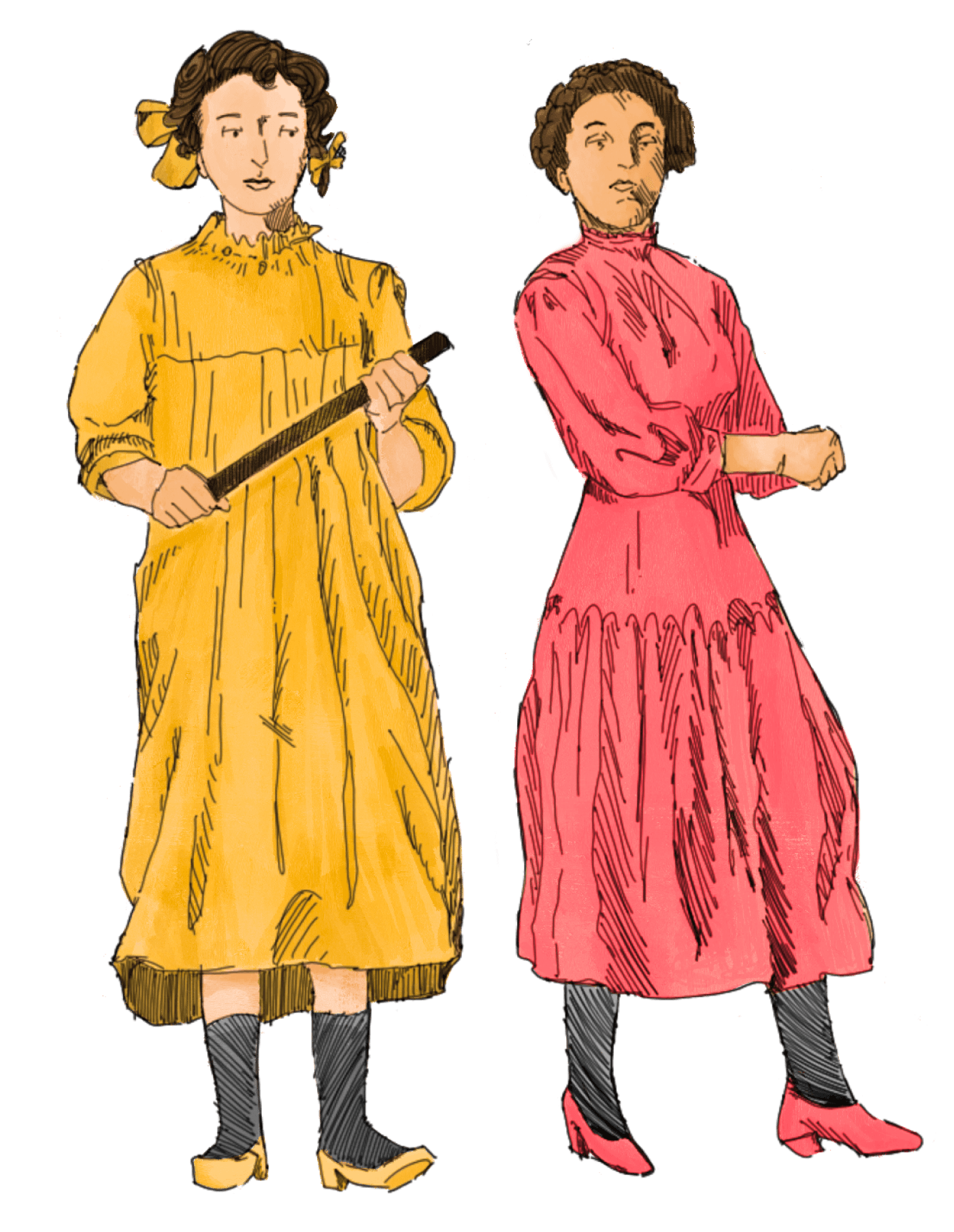 Line drawing of two women in dresses, standing next to each other