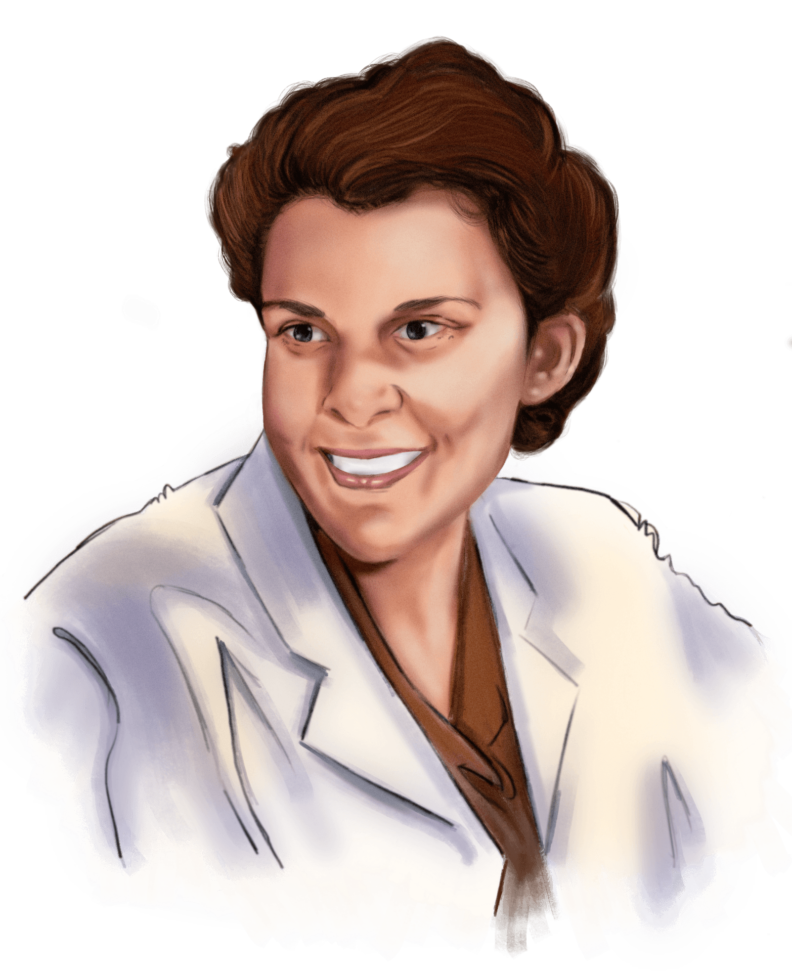 Illustration of Isabel Morgan, a white woman with short brown hair wearing a white lab coat.