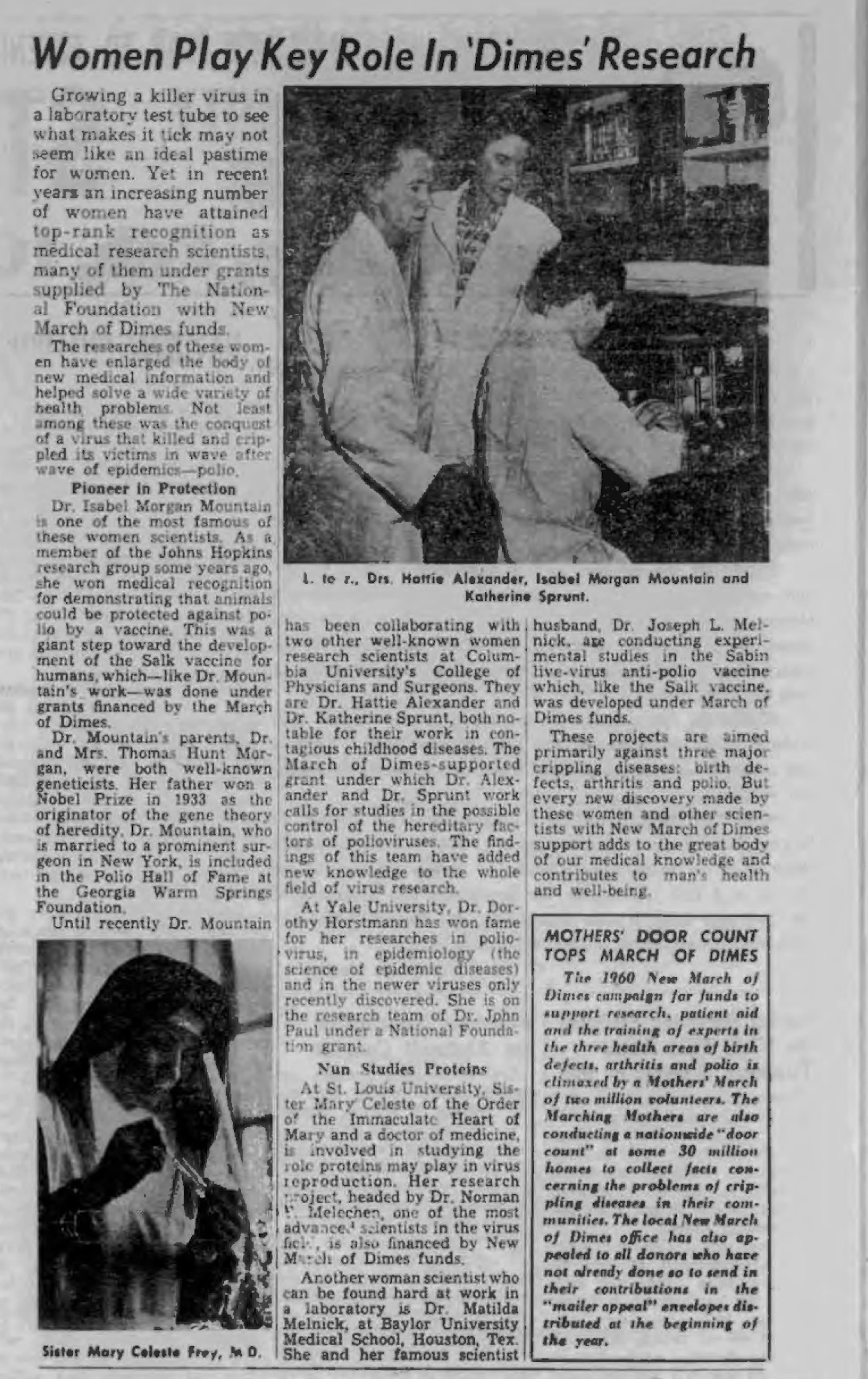 Photo of an old newspaper story titled, "Women Play Key Role In 'Dimes' Research"