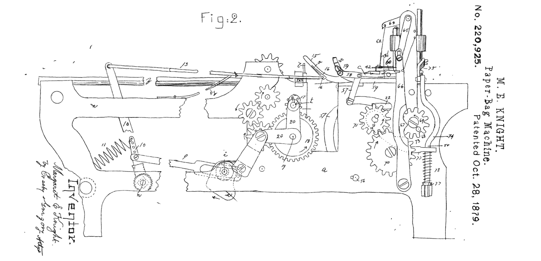 Detailed diagram of the paper bag machine from the side, showing the function of the different gears