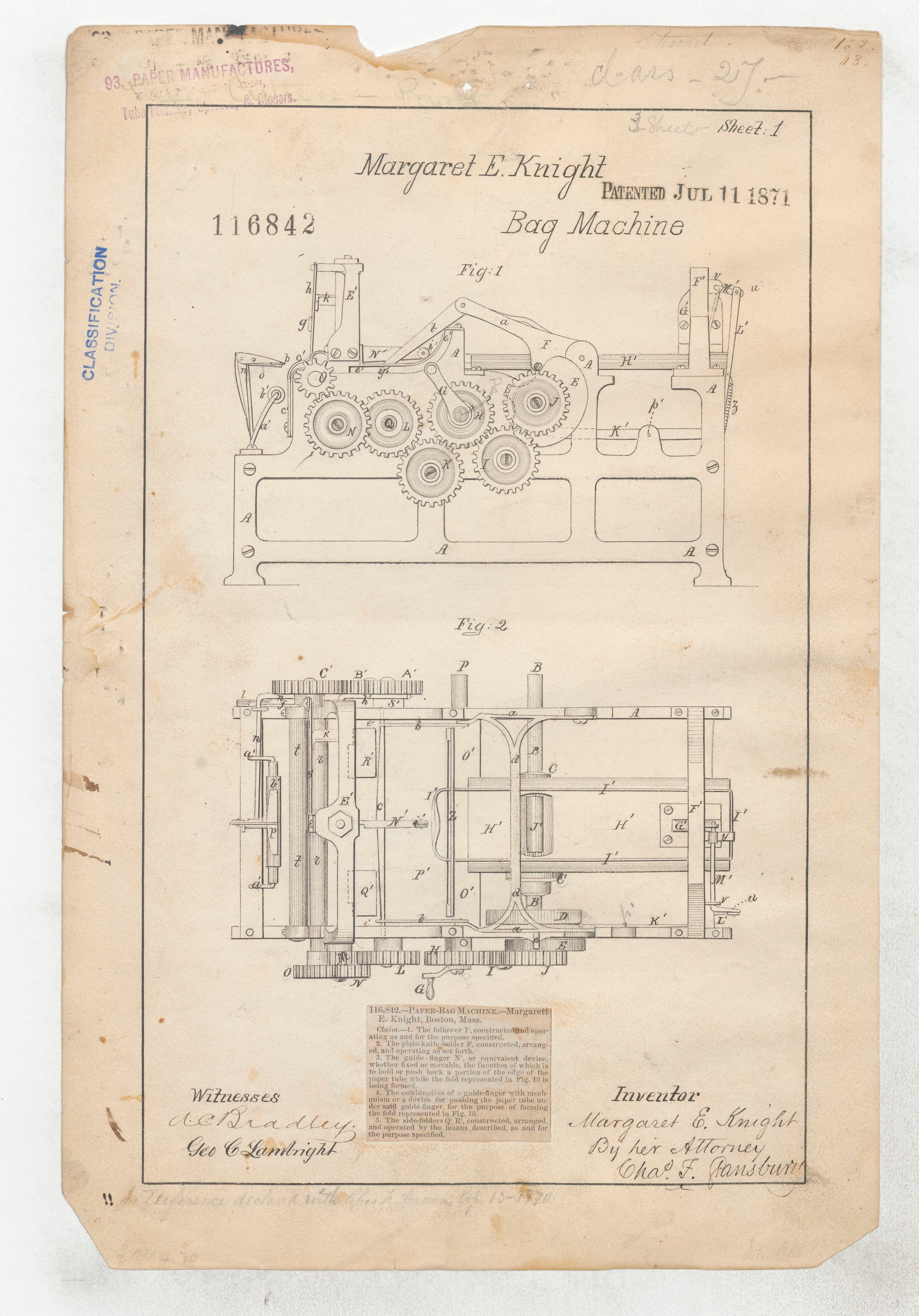 Page one of the patent document for the paper bag machine. It shows detailed schematics of the machine from the side and top, includes Margaret Knight's name as the inventor, and is signed by witnesses.