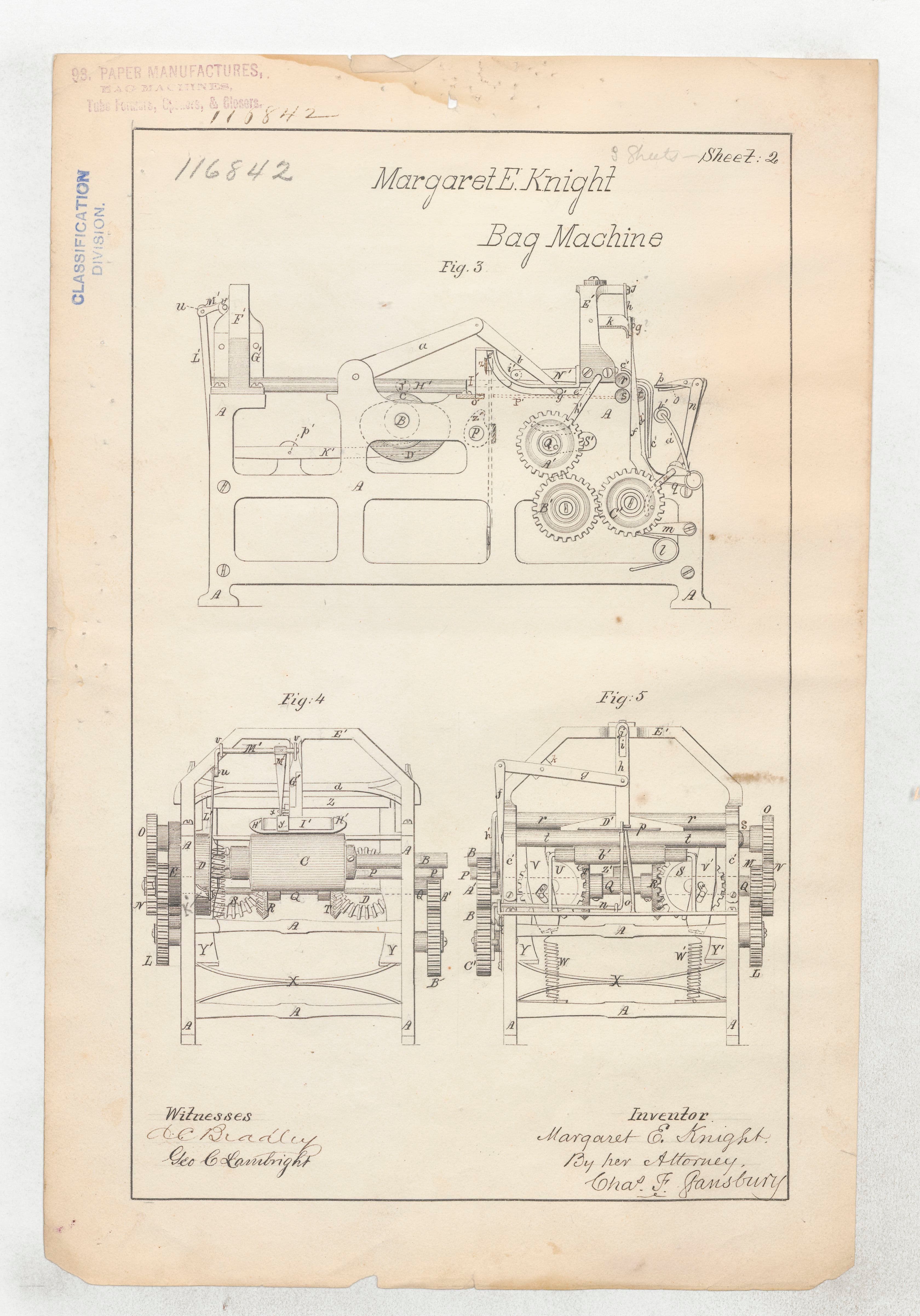 Page two of the patent document for the paper bag machine. It shows detailed schematics of the machine from the side, front, and back, includes Margaret Knight's name as the inventor, and is signed by witnesses.