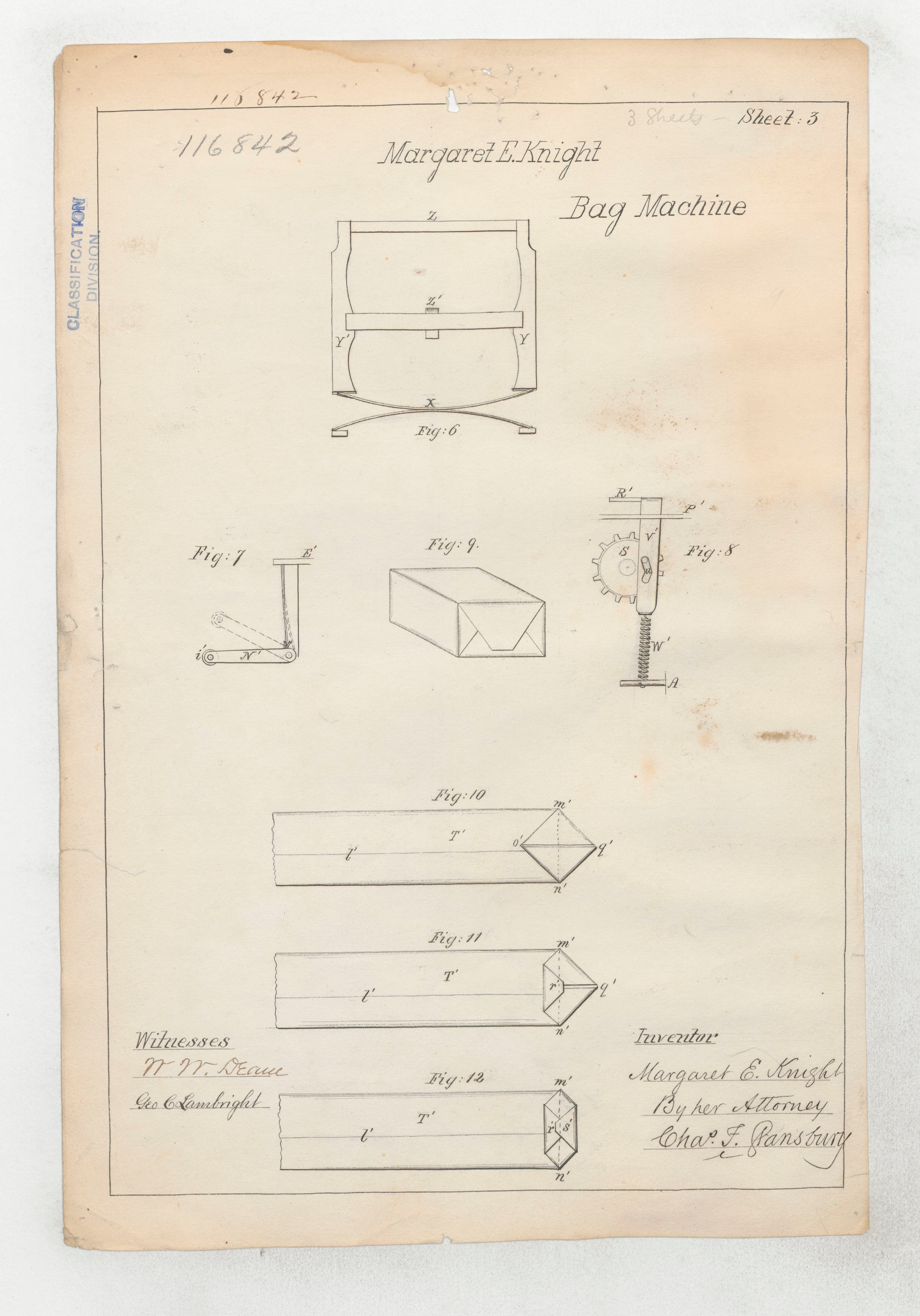 Page three of the patent document for the paper bag machine. It shows details and measurements for components of the machine, includes Margaret Knight's name as the inventor, and is signed by witnesses.