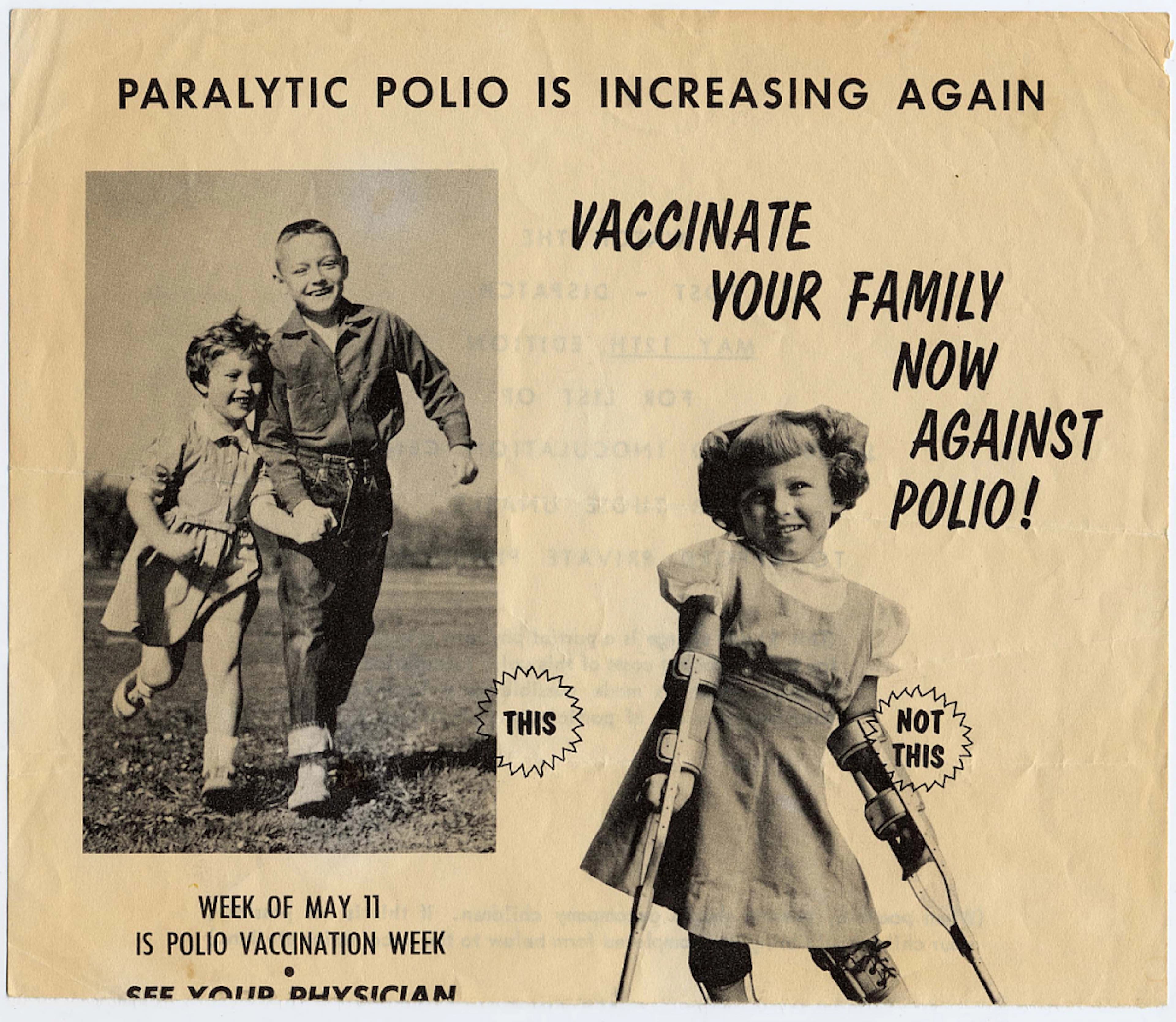 An old black and white poster with images of two children running and a young girl with crutches and the title "Vaccinate Your Family Now Against Polio"