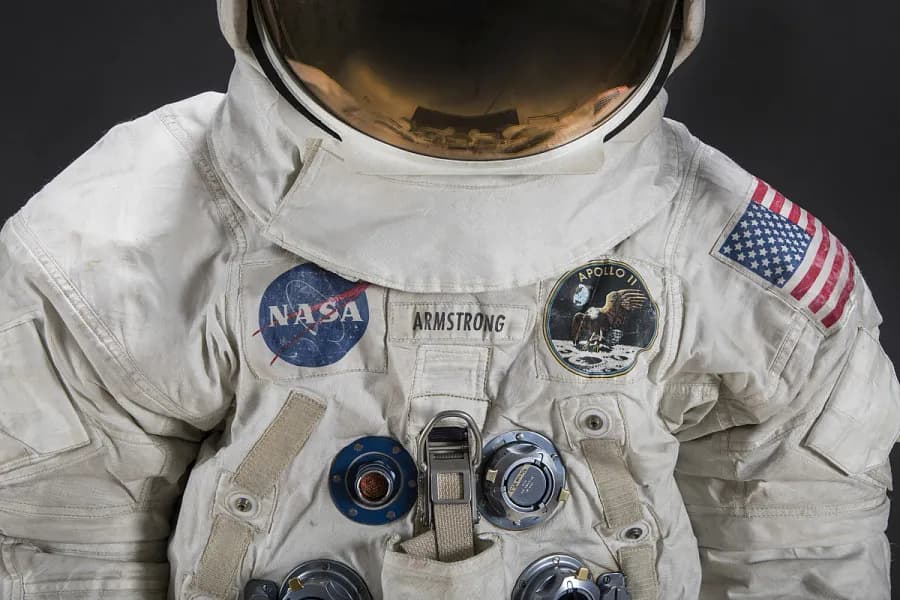 Close up of a front view image of Neil Armstrong's Apollo 11 spacesuit