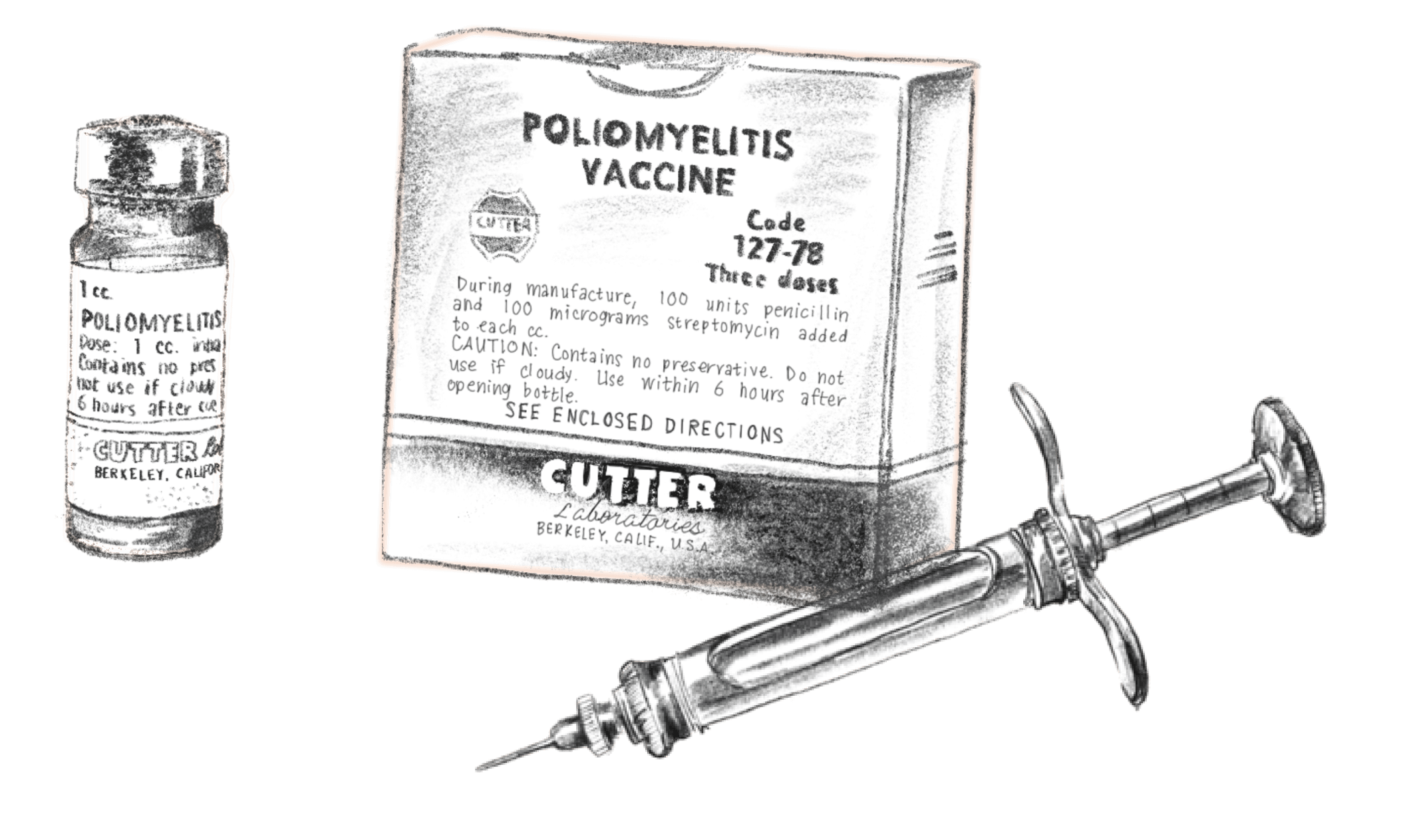 Black and white drawing of a polio vaccine box, vial, and syringe.